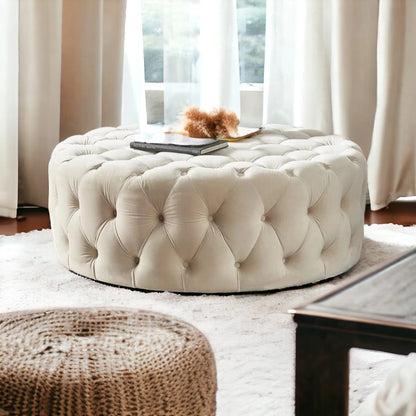 Retro Button Tufted Fabric Ottoman Bench for Living Room Office Bedroom