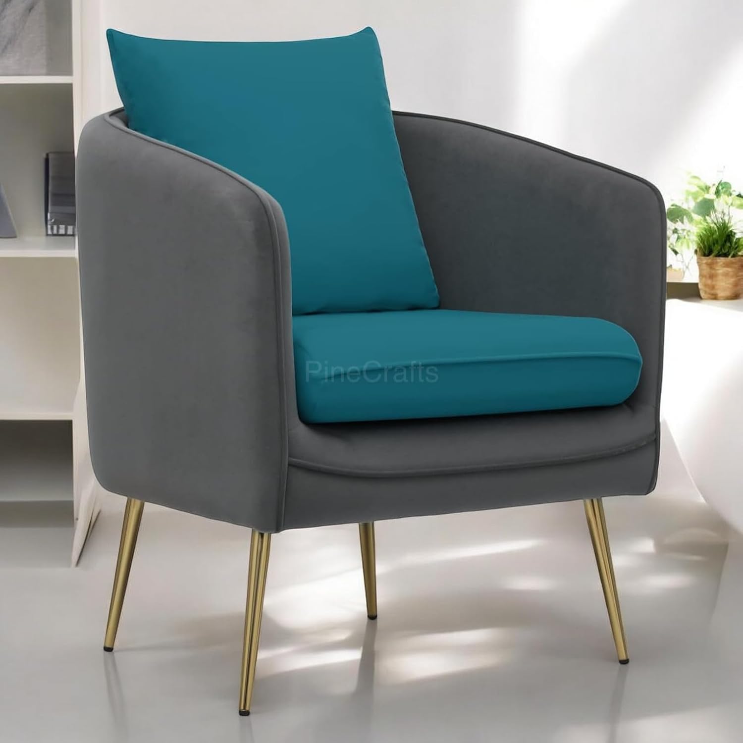 Luxury Wooden Living Room Chair | Comfortable Armchair with Modern Design | Home Furniture (Sea Green+Grey)