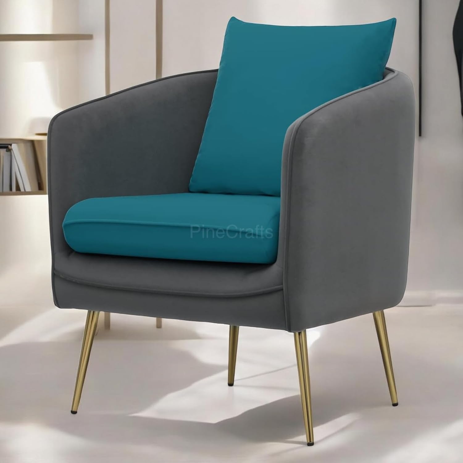 Luxury Wooden Living Room Chair | Comfortable Armchair with Modern Design | Home Furniture (Sea Green+Grey)