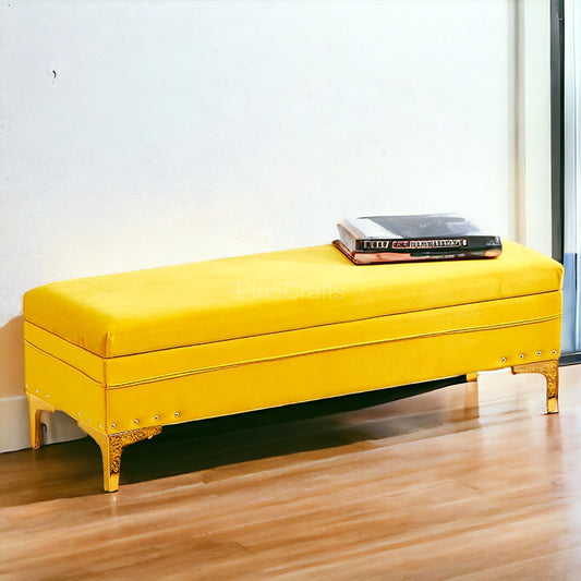 PineCrafts Velvet Settee, Bench & Storage Ottoman - Solid Wood Frame - 1-Year Warranty for Stylish & Practical Home Decor (Yellow)