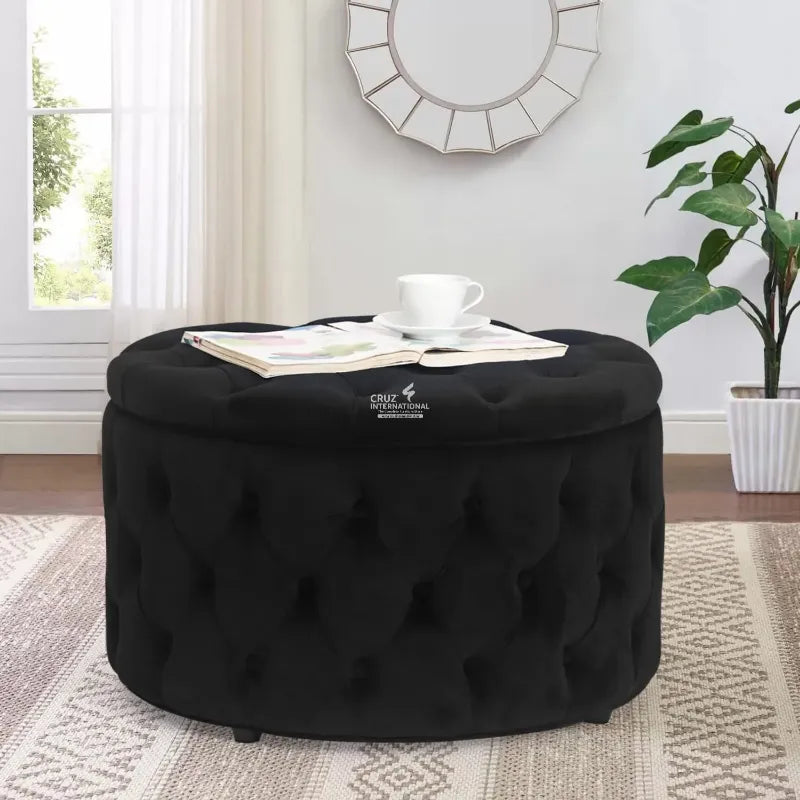 Velvet Wood Circle Ottoman CRUZ INTERNATIONAL