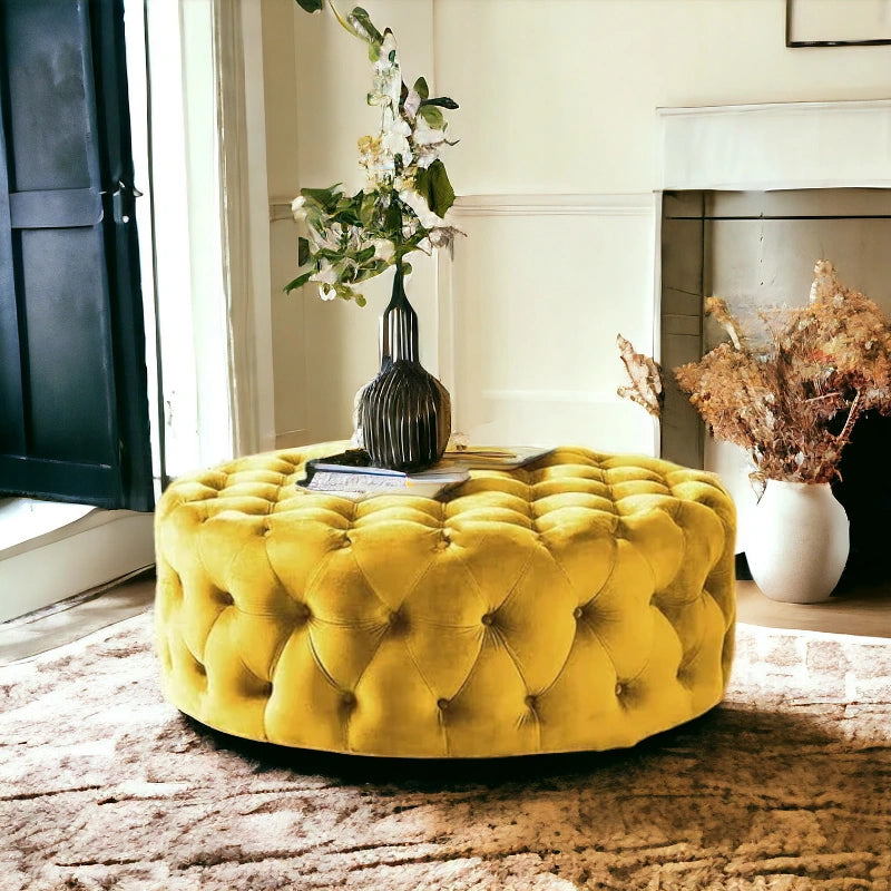 Retro Button Tufted Fabric Ottoman Bench for Living Room Office Bedroom