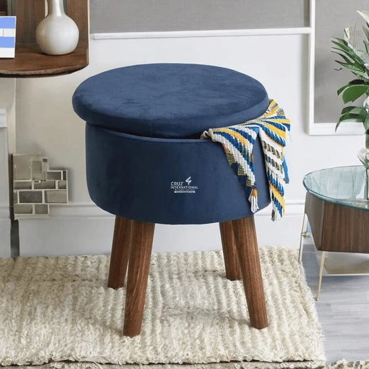 Wooden Velvet Puff Circle Ottoman